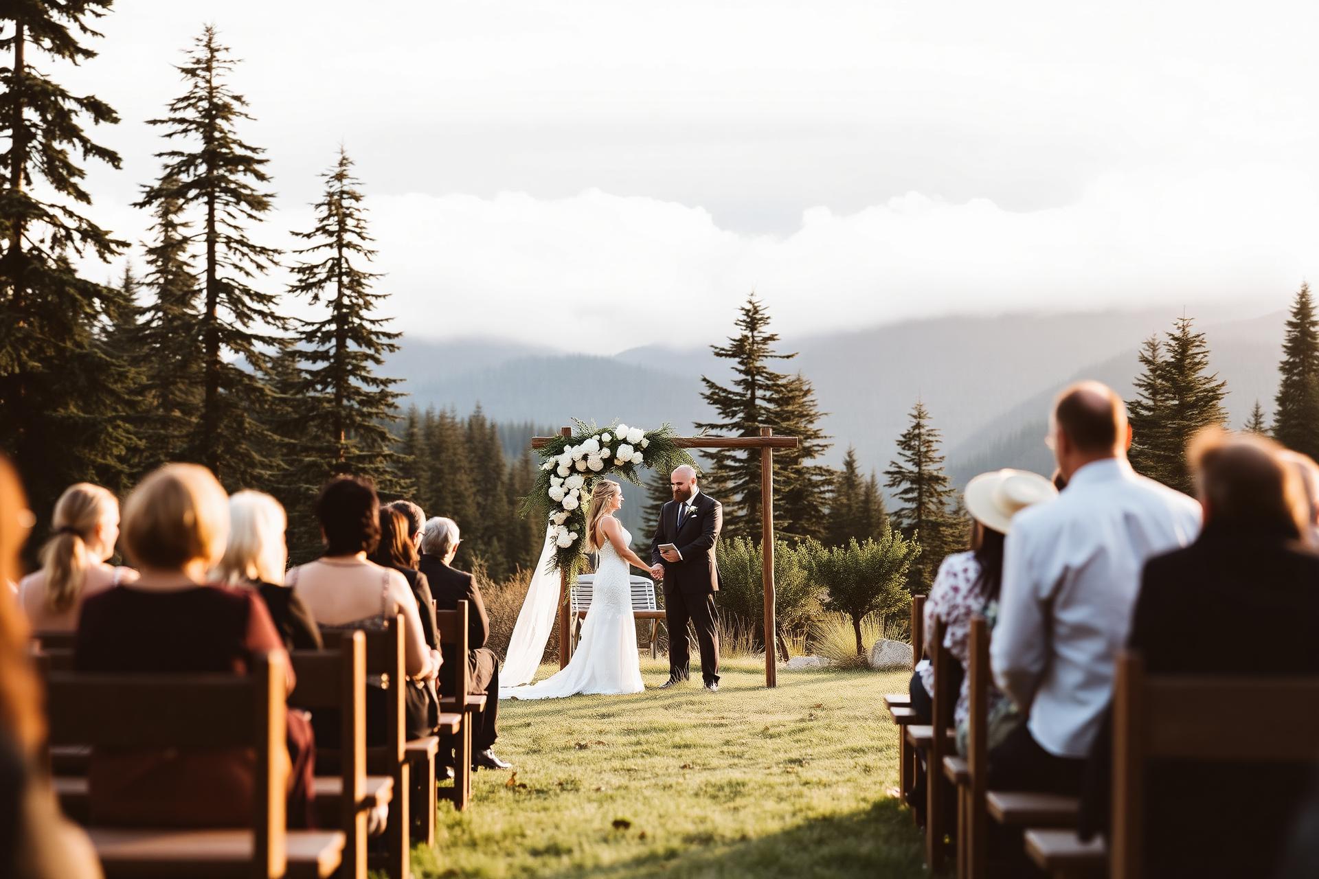 Outdoor wedding ceremony in the British Columbia mountains at golden hour