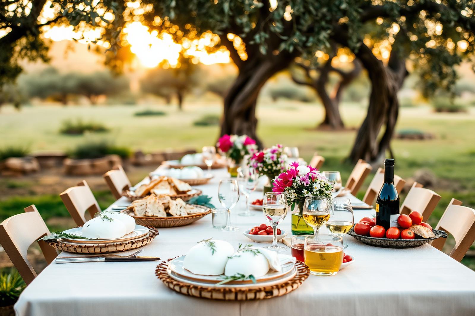 Long linen table set outdoors at golden hour with Italian antipasti, focaccia and wine