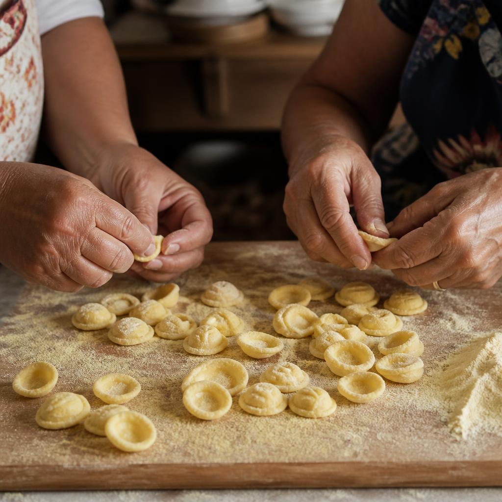 Hands shaping fresh orecchiette pasta